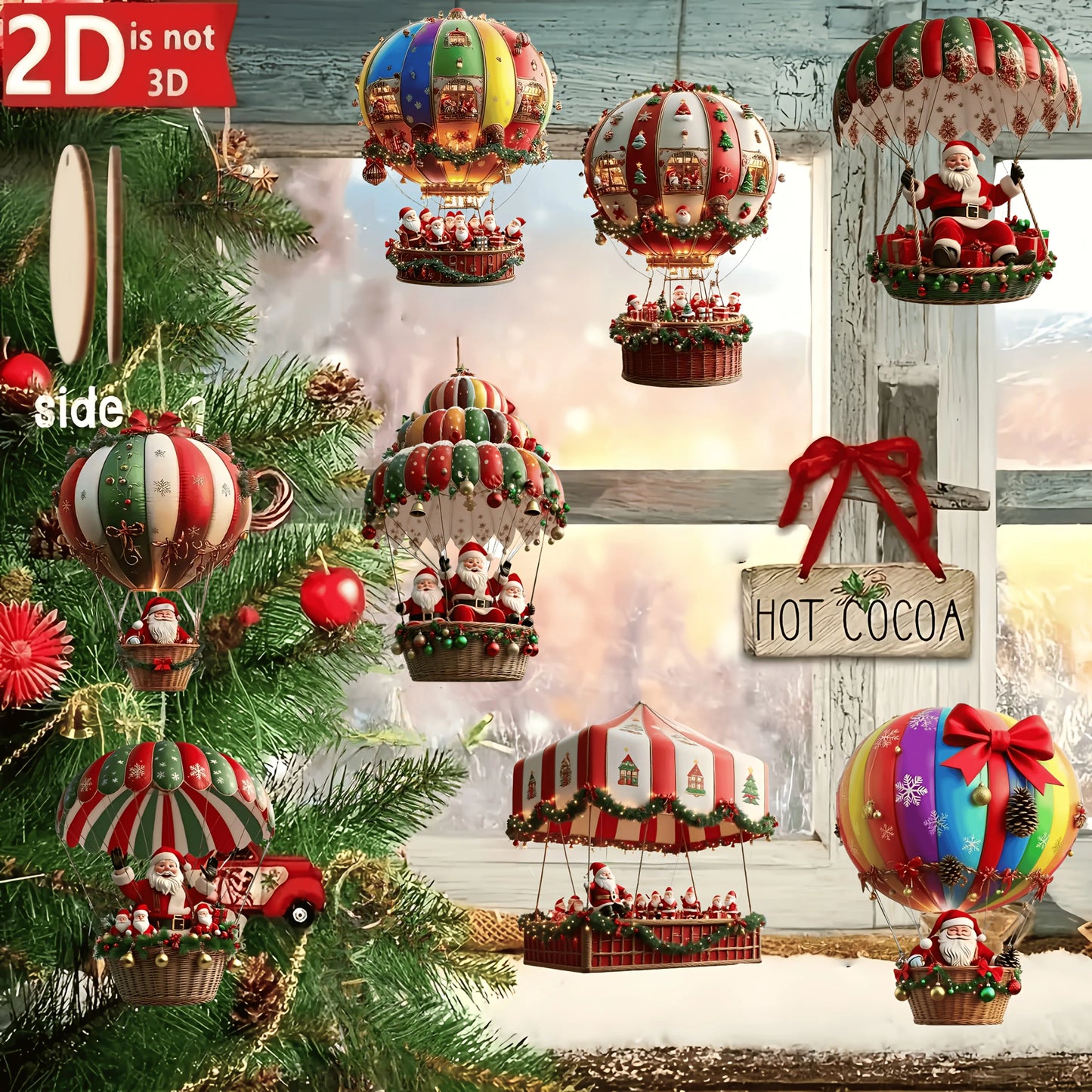 10Pcs Christmas Wooden Hot Air Balloon Santa Claus 2D Flat Wooden Pendant Christmas Tree Decoration