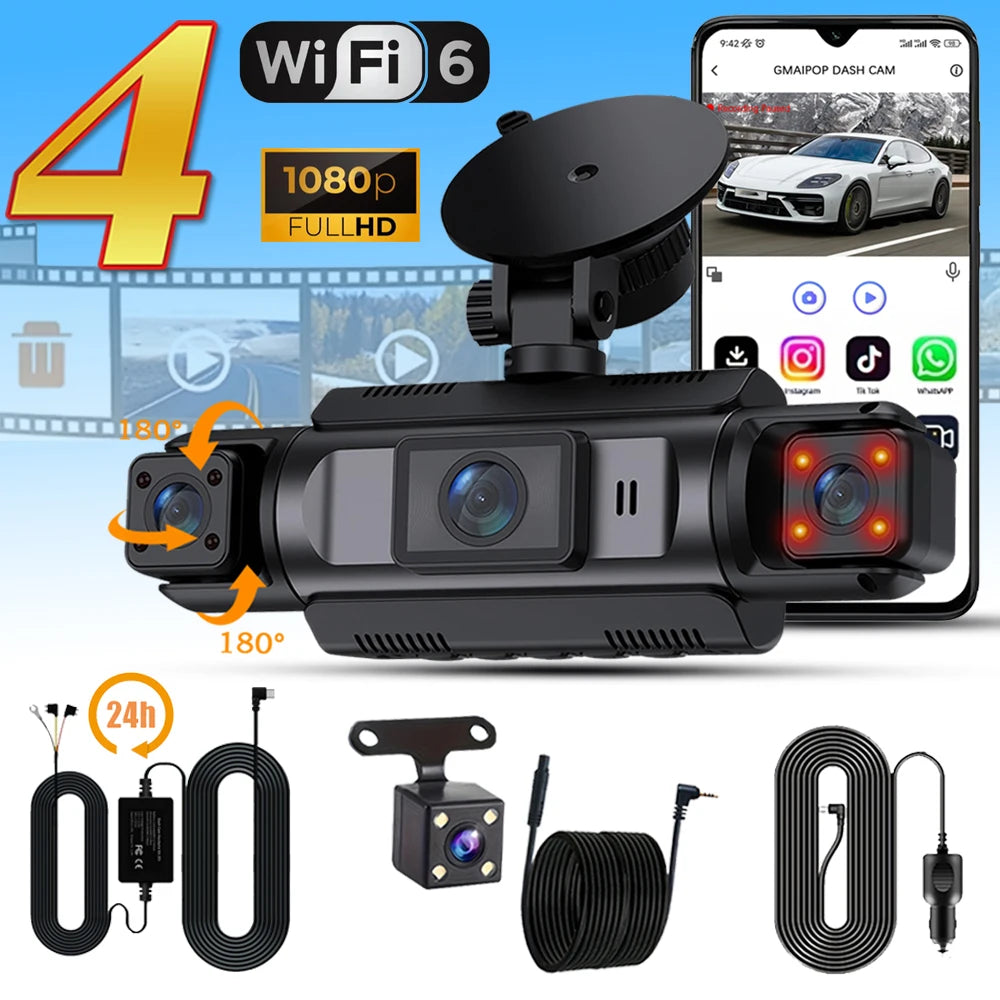 Car Dash Cam 4 Channel Black Box WiFi Driving  HD Camera