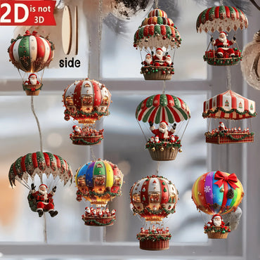 10Pcs Christmas Wooden Hot Air Balloon Santa Claus 2D Flat Wooden Pendant Christmas Tree Decoration