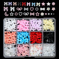 12Grids/Box 3D Mixed Bowknot Pearl Heart Nail Charms Flatback Resin Flower,Star,Moon Nail