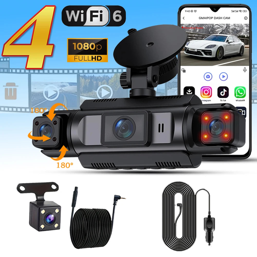 Car Dash Cam 4 Channel Black Box WiFi Driving  HD Camera