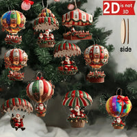 10Pcs Christmas Wooden Hot Air Balloon Santa Claus 2D Flat Wooden Pendant Christmas Tree Decoration