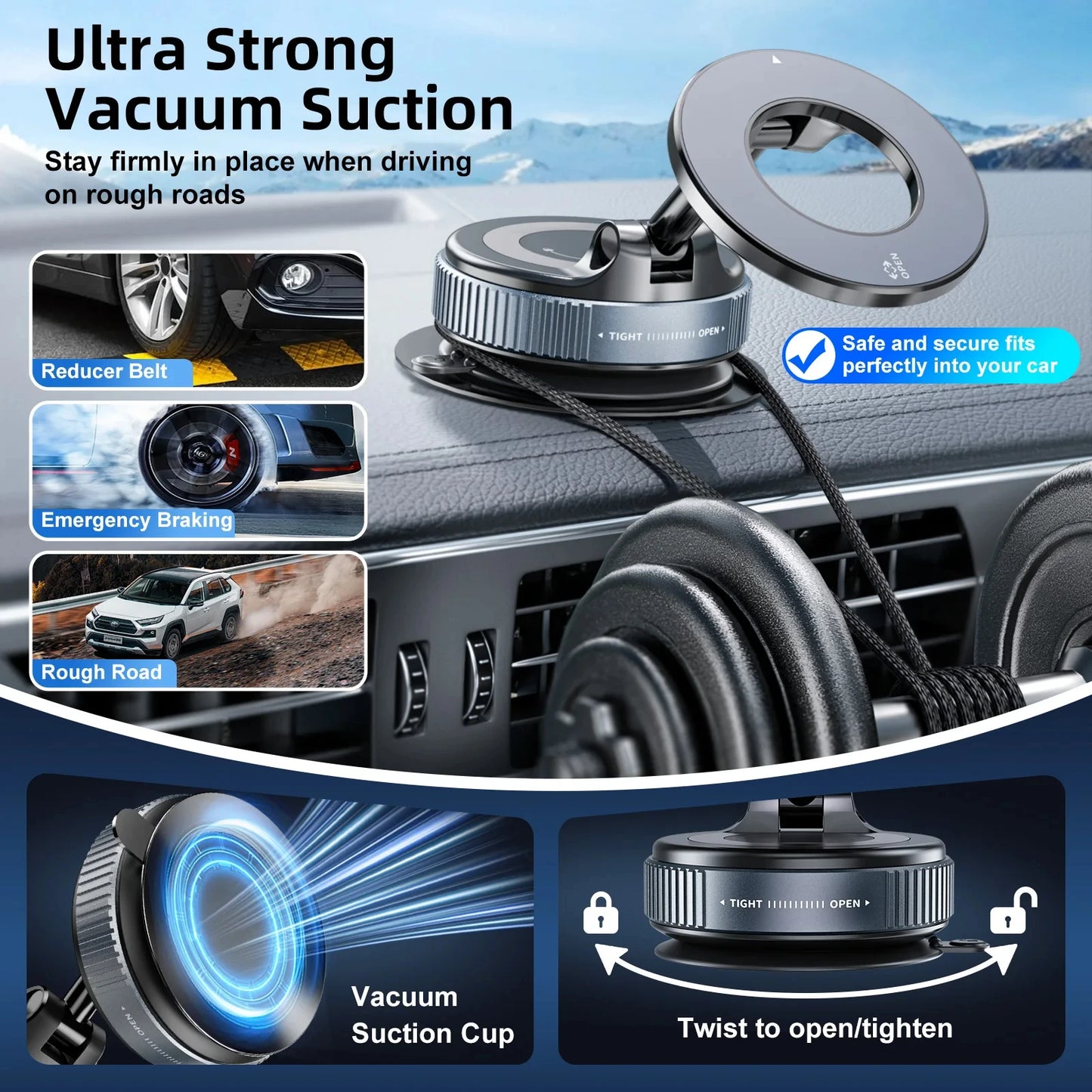 Car Phone Magnetic Stand Holder Mechanical Vacuum Suction Cup Rotate 360°