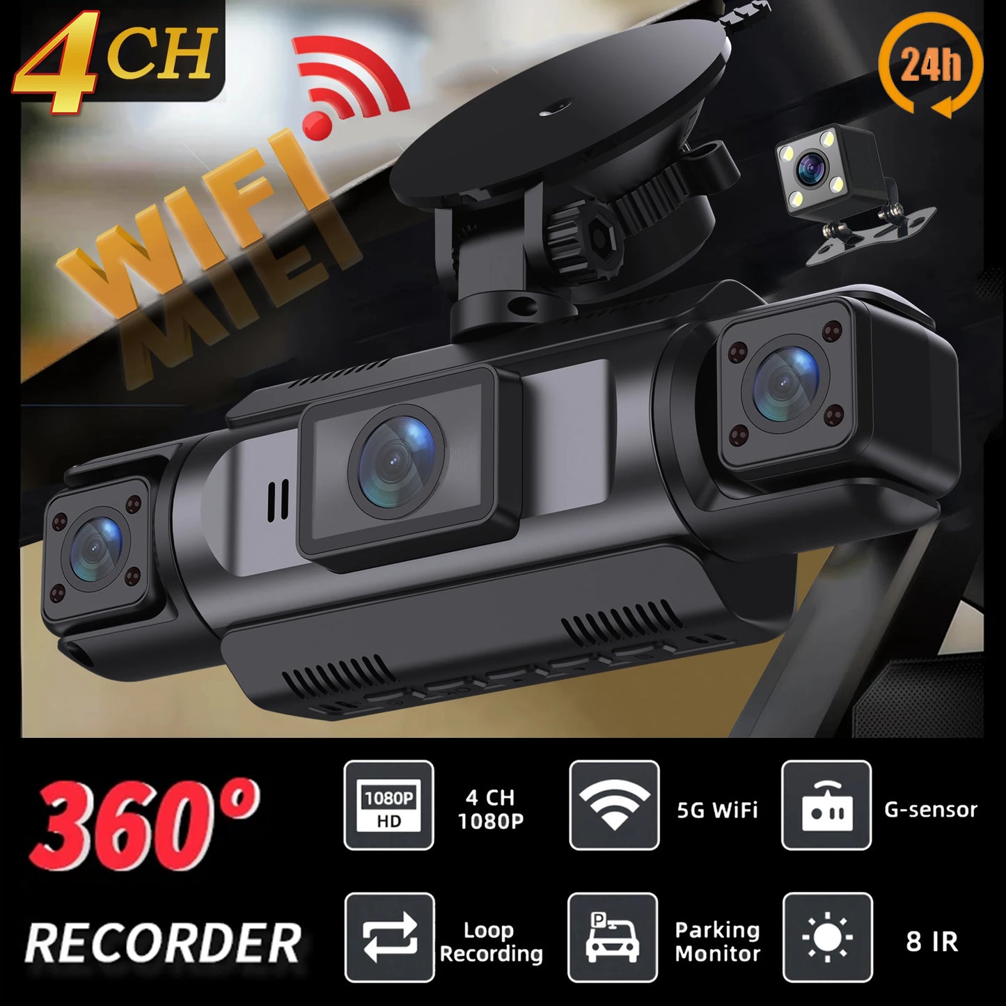 Car Dash Cam 4 Channel Black Box WiFi Driving  HD Camera