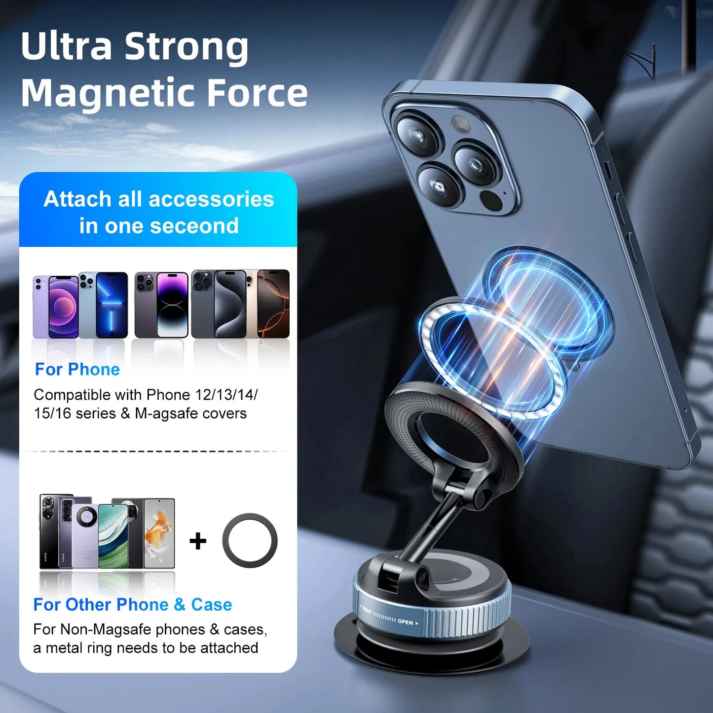 Car Phone Magnetic Stand Holder Mechanical Vacuum Suction Cup Rotate 360°