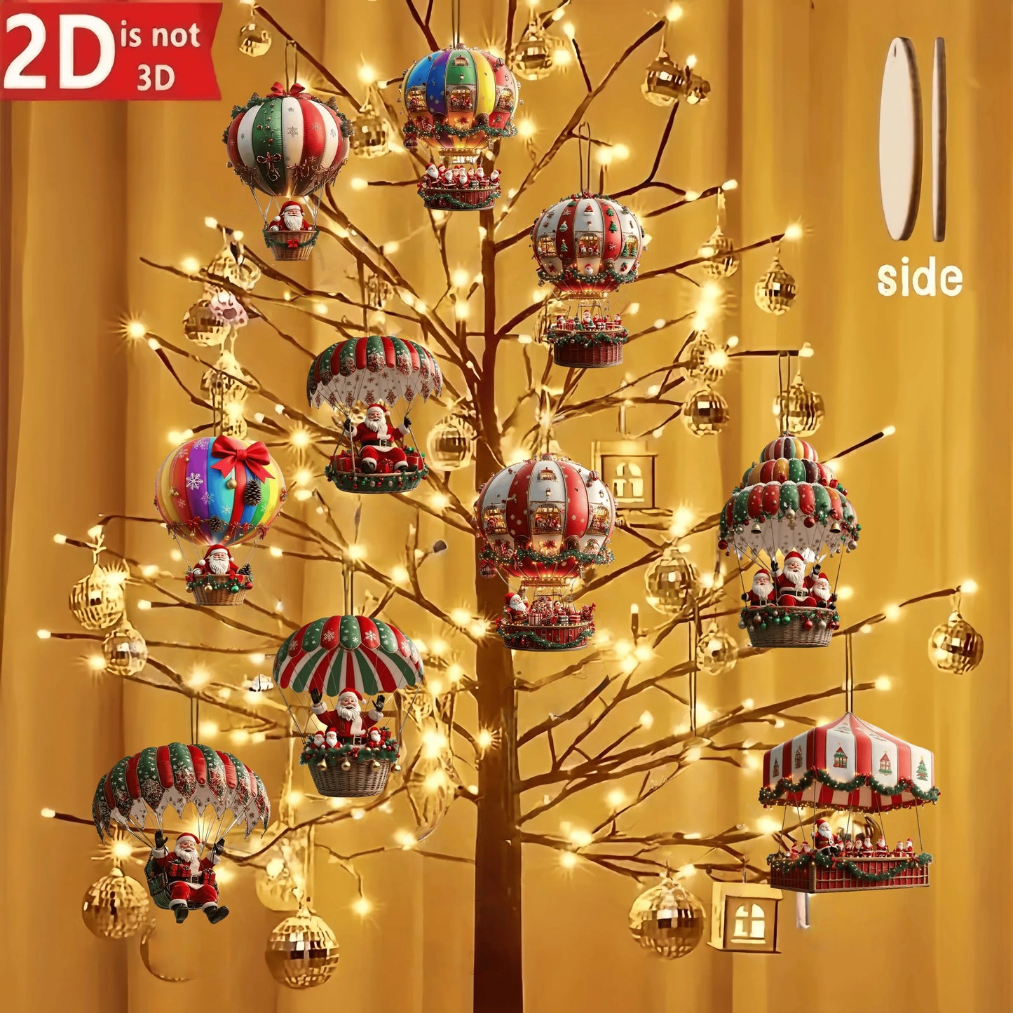 10Pcs Christmas Wooden Hot Air Balloon Santa Claus 2D Flat Wooden Pendant Christmas Tree Decoration