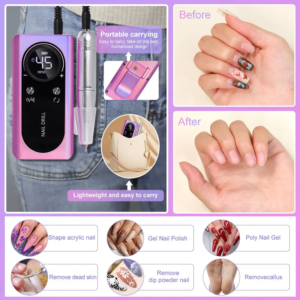 Rechargeable Nail Drill Machine with LCD Low Noise Professional Nail Polish Sander