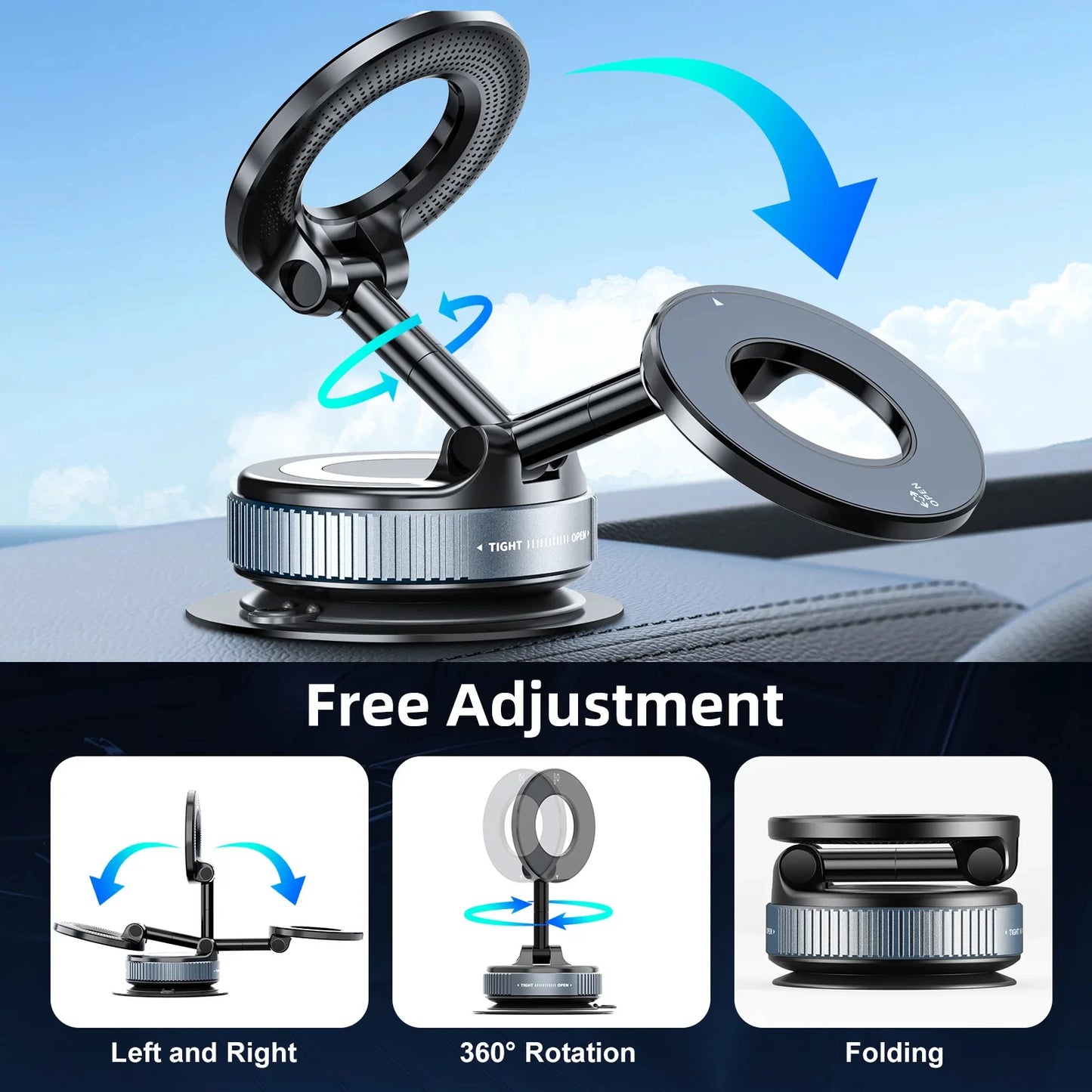 Car Phone Magnetic Stand Holder Mechanical Vacuum Suction Cup Rotate 360°
