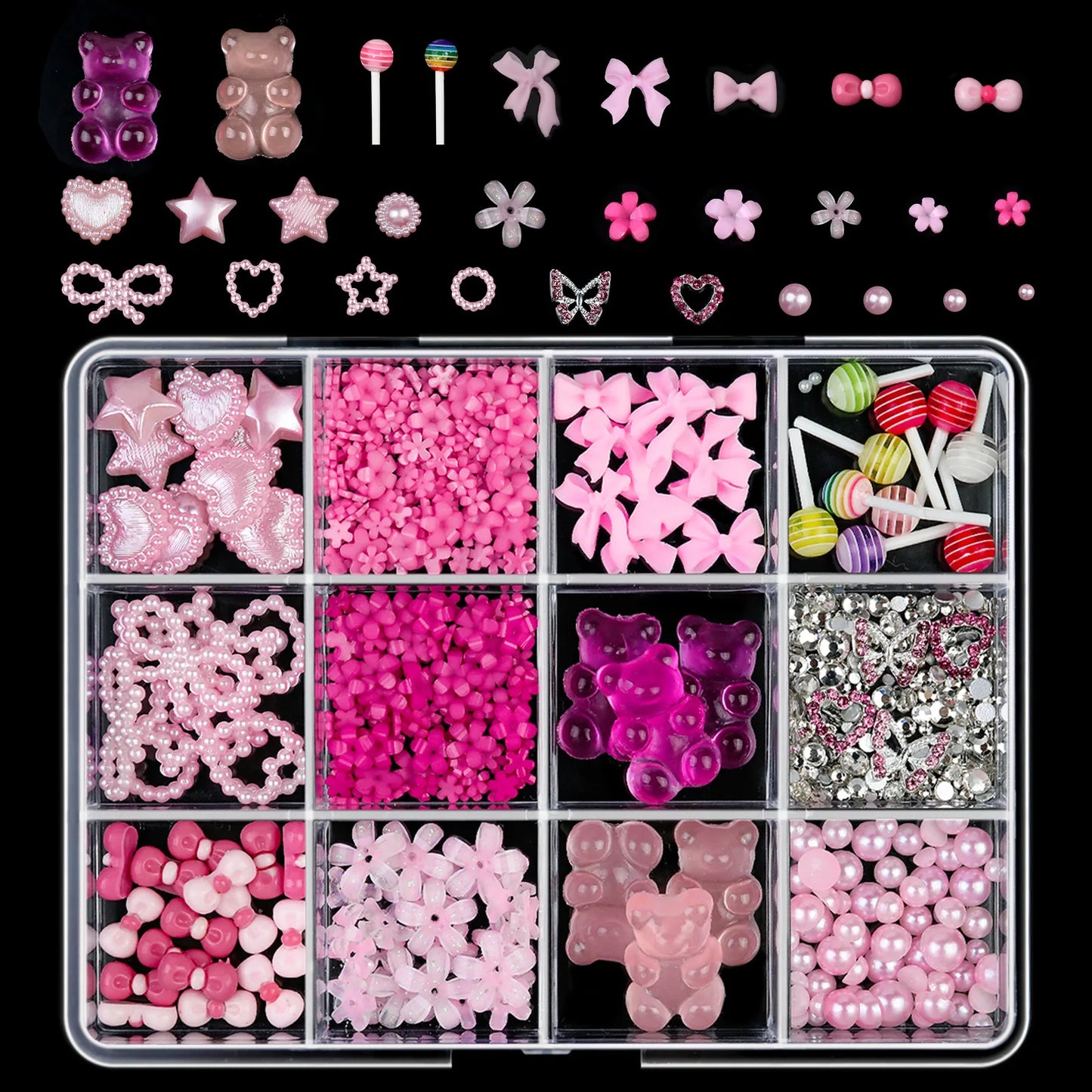 12Grids/Box 3D Mixed Bowknot Pearl Heart Nail Charms Flatback Resin Flower,Star,Moon Nail