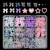 12Grids/Box 3D Mixed Bowknot Pearl Heart Nail Charms Flatback Resin Flower,Star,Moon Nail