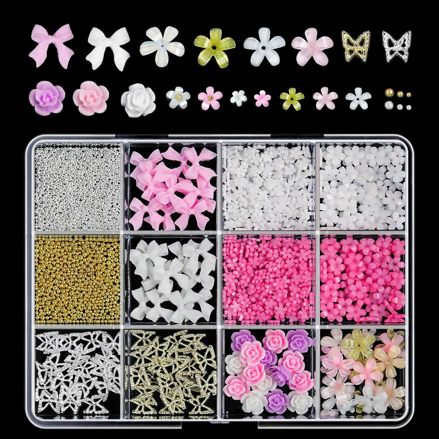 12Grids/Box 3D Mixed Bowknot Pearl Heart Nail Charms Flatback Resin Flower,Star,Moon Nail