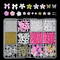 12Grids/Box 3D Mixed Bowknot Pearl Heart Nail Charms Flatback Resin Flower,Star,Moon Nail