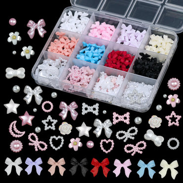 12Grids/Box 3D Mixed Bowknot Pearl Heart Nail Charms Flatback Resin Flower,Star,Moon Nail