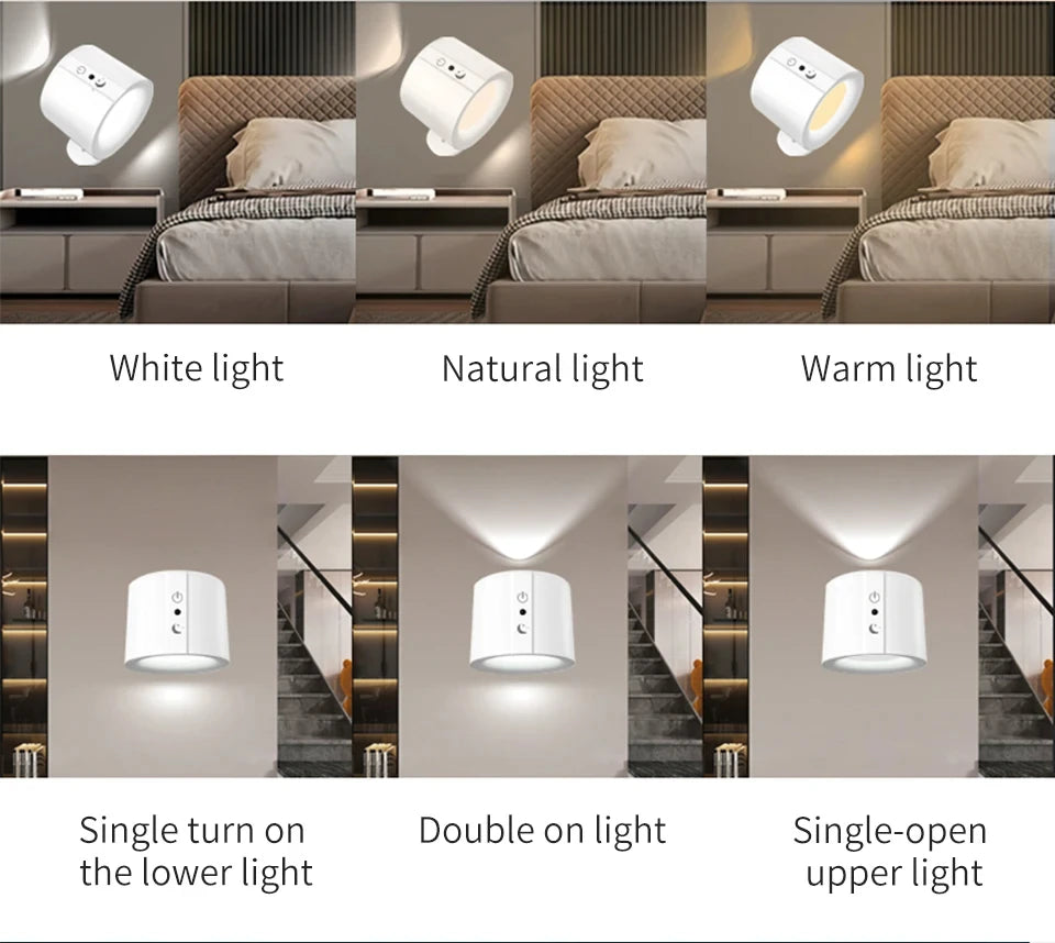 Led Double Head Wall Sconces light Touch Control Remote 360 Rotatable 3 Color Modes Wall Light