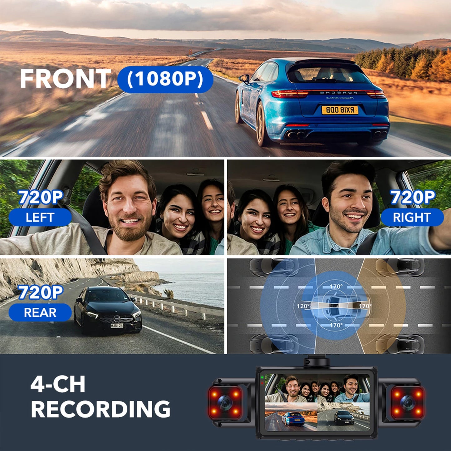 Car Dash Cam 4 Channel Black Box WiFi Driving  HD Camera