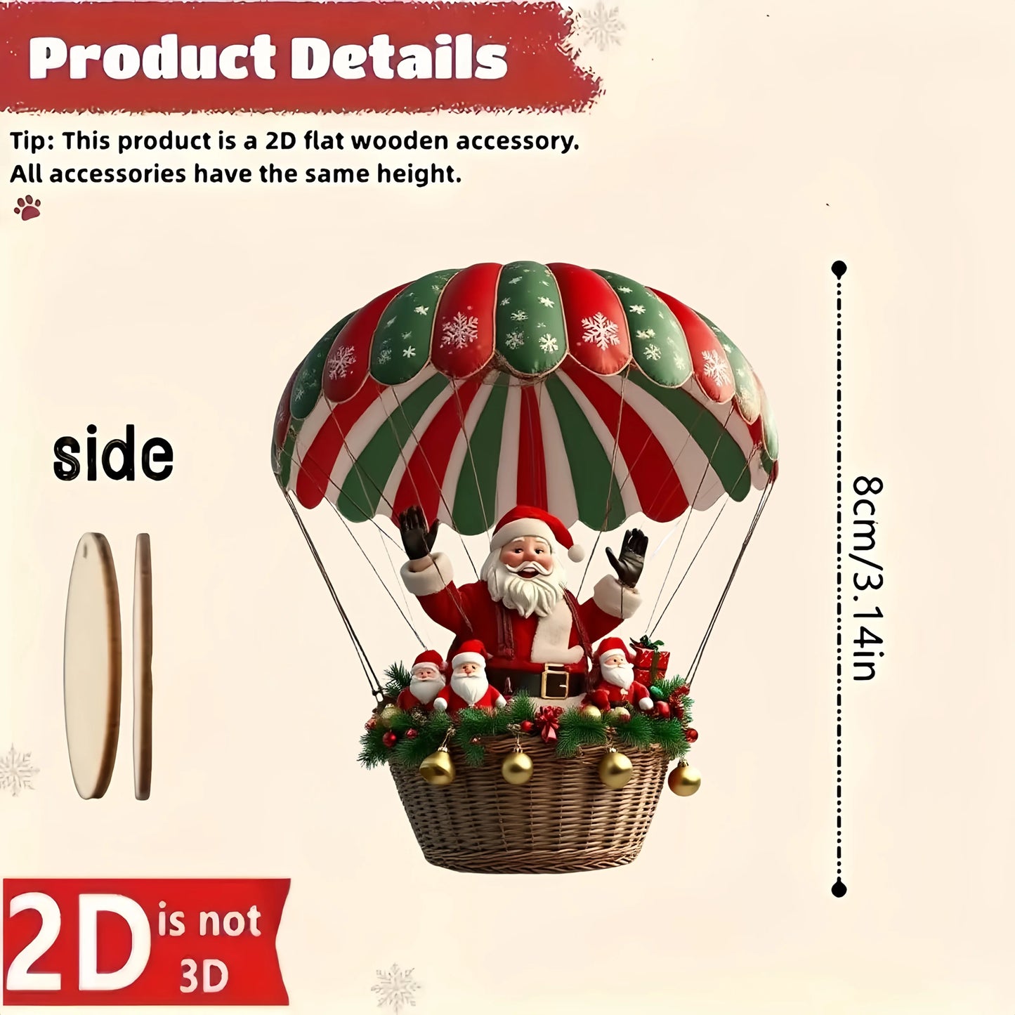 10Pcs Christmas Wooden Hot Air Balloon Santa Claus 2D Flat Wooden Pendant Christmas Tree Decoration
