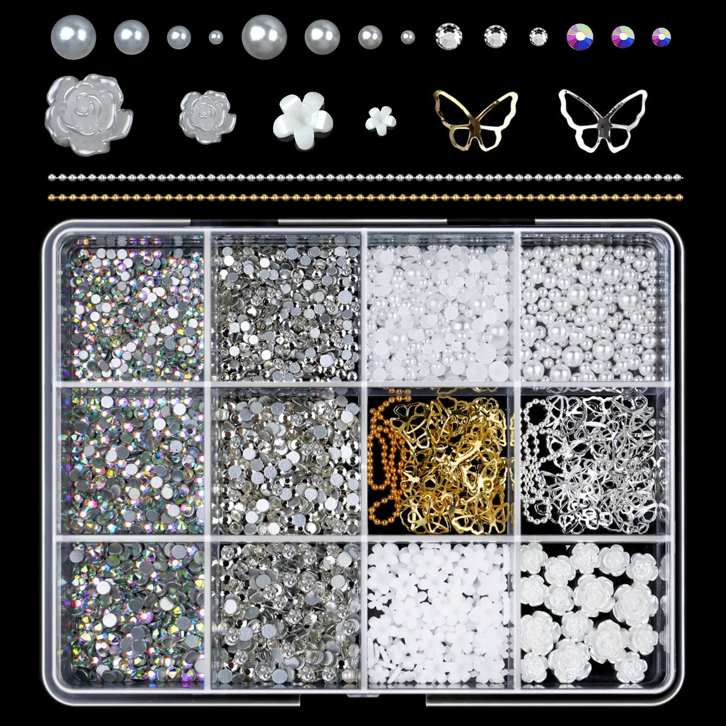 12Grids/Box 3D Mixed Bowknot Pearl Heart Nail Charms Flatback Resin Flower,Star,Moon Nail