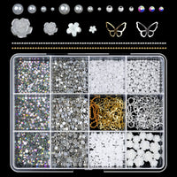 12Grids/Box 3D Mixed Bowknot Pearl Heart Nail Charms Flatback Resin Flower,Star,Moon Nail