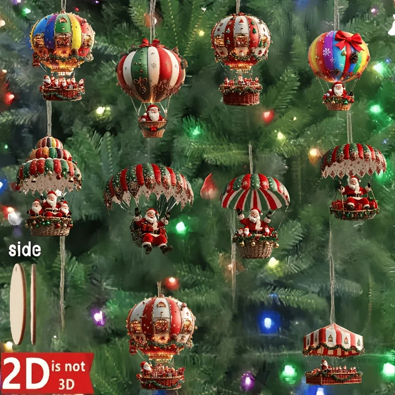 10Pcs Christmas Wooden Hot Air Balloon Santa Claus 2D Flat Wooden Pendant Christmas Tree Decoration
