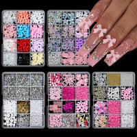 12Grids/Box 3D Mixed Bowknot Pearl Heart Nail Charms Flatback Resin Flower,Star,Moon Nail