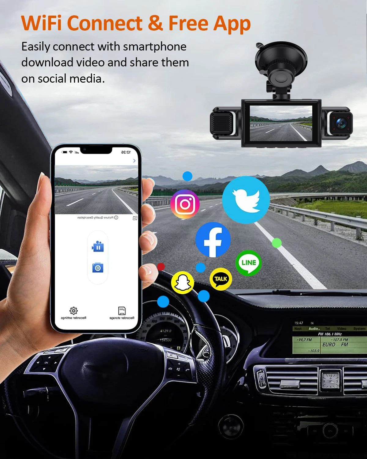 Car Dash Cam 4 Channel Black Box WiFi Driving  HD Camera